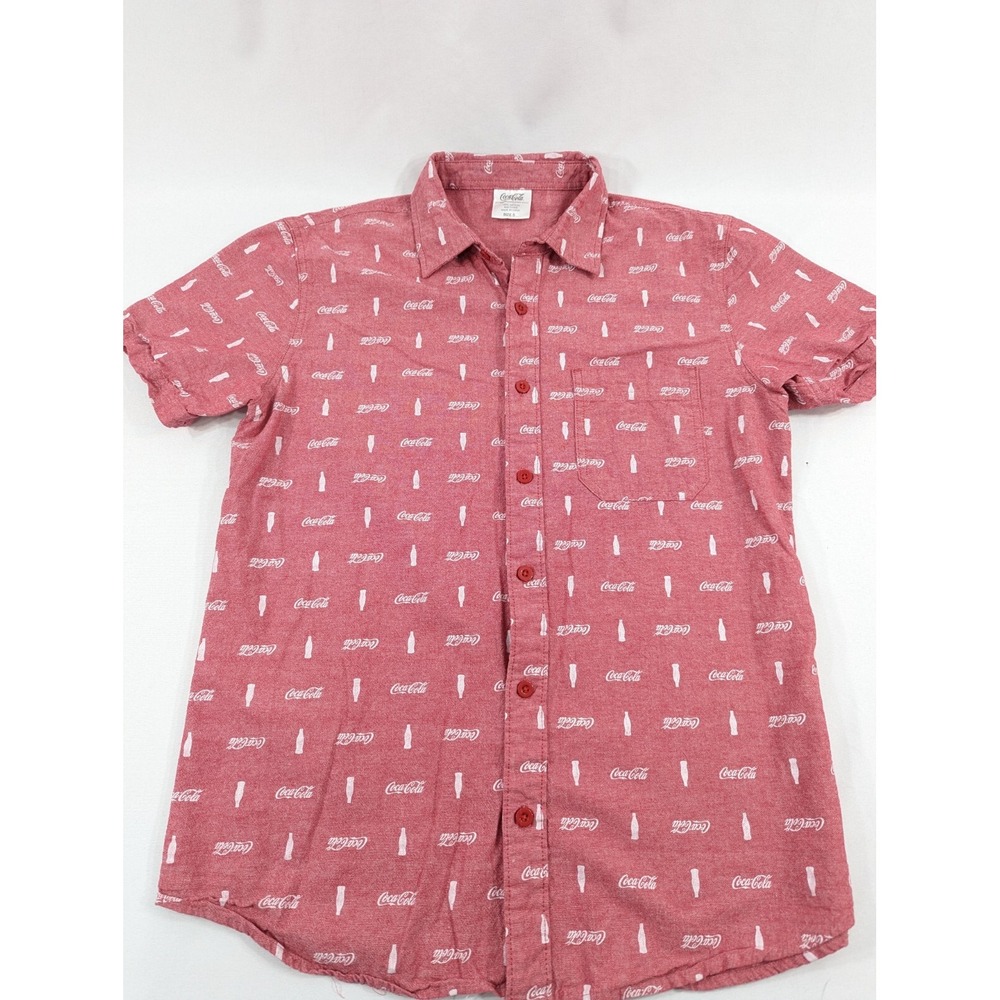 Coca Cola Coke Men's Small Red Bottle Button Down Short Sleeve Shirt